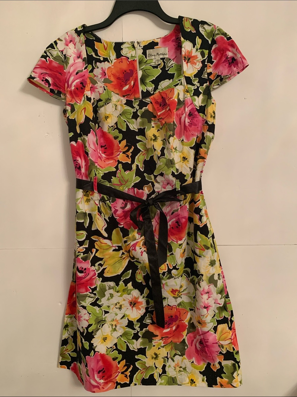 Olivia Matthews Black Cotton Mini Dress Floral Print Zip Size 12